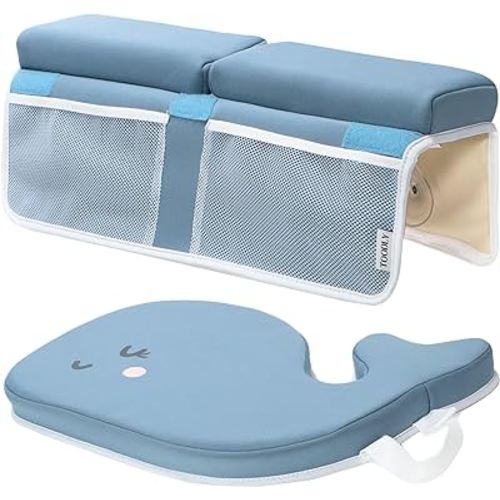 Comfortable Whale Baby Bath Kneeler and Elbow Rest Pad Set - Bathtub Kneeler Pad with Memory Foam and Bath Toys Organizer - Bath Kneeling Pad for Bathing Baby - Relieve Your Knees and Elbows (Blue)