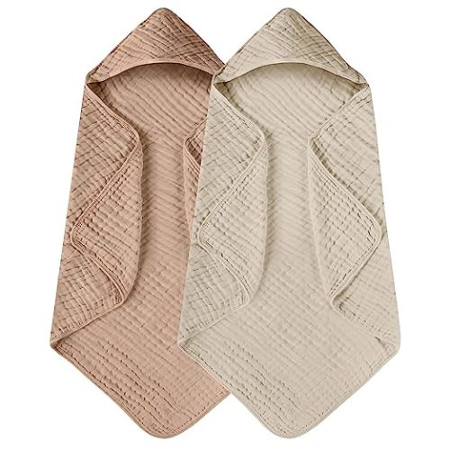 Yoofoss Hooded Baby Towels for Newborn 2 Pack 100% Muslin Cotton Baby Bath Towel with Hood for Babies, Infant, Toddler and Kids, Large 32x32Inch, Soft and Absorbent Newborn Essential - Beige & Coffee
