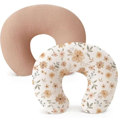 Konssy 2 Pack Muslin Nursing Pillow Covers, Soft and Adorable Nursing Cover for Breastfeeding Pillows, Pillow Slipcover for Baby Girls Boys Newborn(Toffee, Flourish)