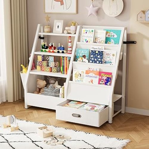 KIDINIX Kids Bookshelf and Toy Storage - 3 Tier Sling Book Shelf with Toy Organizer, Montessori Toddler Bookcase for Bedroom, Playroom, Children Room, Nursery, Classroom, White