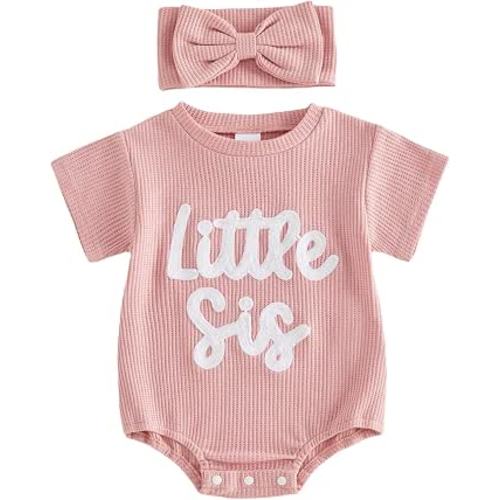 Infant Baby Girl Summer Outfit Short Sleeve Little Sister Lil Sis Bubble Romper Jumpsuits Newborn Waffle Clothes