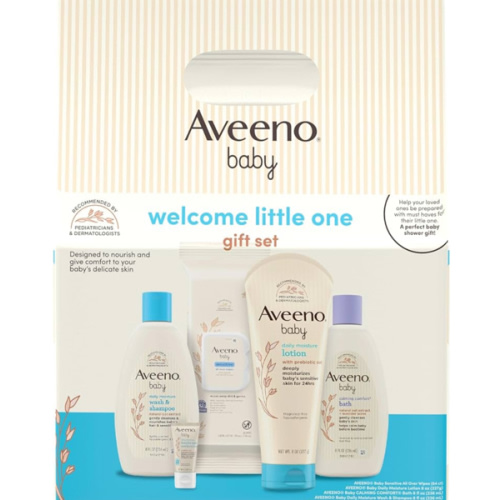 Aveeno Baby Welcome Little One Gift Set, Baby Skincare Set with Nourishing Baby Body Wash & Shampoo, Calming Bath Wash, All Over Baby Wipes, Daily Moisturizing Lotion, & Baby Balm, 5 Items