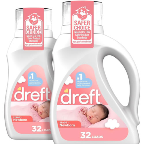 Dreft Newborn Baby Liquid Laundry Detergent, Gentle on Sensitive Skin, HE Compatible, 2 pack, 32 loads each