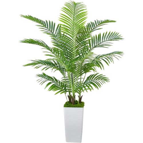 Artificial Palm Tree Artificial Silk Plant Fake Tree with White Tall Planter Faux Tropical Areca Floor Plant in Pot (1, White Tall Planter, 5 FT)
