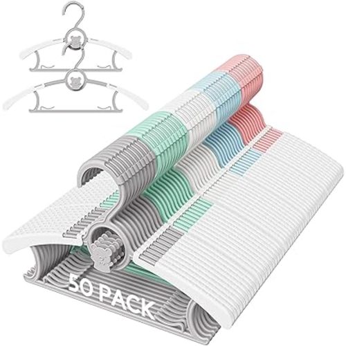 50 Pack Kids Hangers for Nursery Closet, Adjustable Non-Slip Toddler Baby Hangers with Windproof Buckle, 11-14" Infant Child Plastic Clothes Pant Hanger for Boys Girls Newborn Adult, Multi