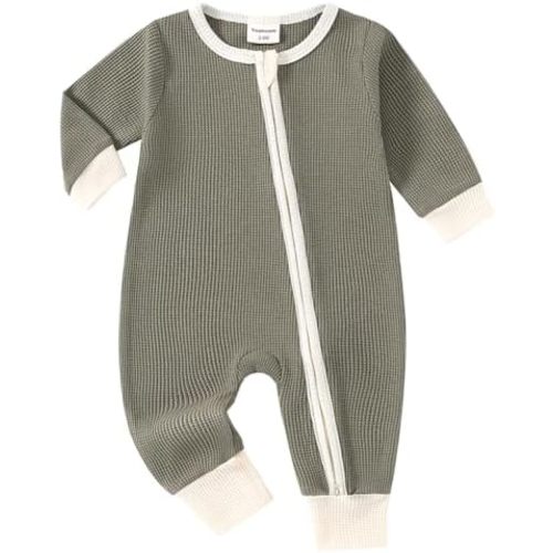 Baby 2 Pack Rompers Long Sleeve Waffle Two Way Zipper One-Piece Romper Cotton Jumpsuit Outfits