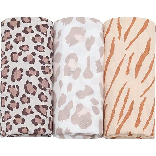 LifeTree Muslin Swaddle Blankets - Soft Muslin Baby Swaddling Blankets Unisex for Boys & Girls Newborn Wrap - 70% Viscose from Bamboo and 30% Cotton Leopard Cheetah Large 47 x 47 inches