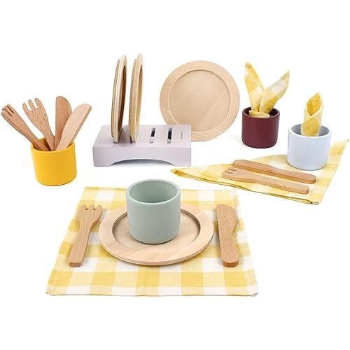 Wooden Toy Plates and Dishes Set,Play Kitchen Cutlery and Plate Set,21Piece Kids Kitchen Playset Accessories for Toddlers Boys Girls Ages 3+