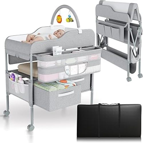 Portable Changing Table for Baby - Foldable Changing Table, Baby Diaper Changing Station with Baby Changing Station Toy Holder, Diaper Changing Table Bag - Portable Baby Changing Table with Wheels