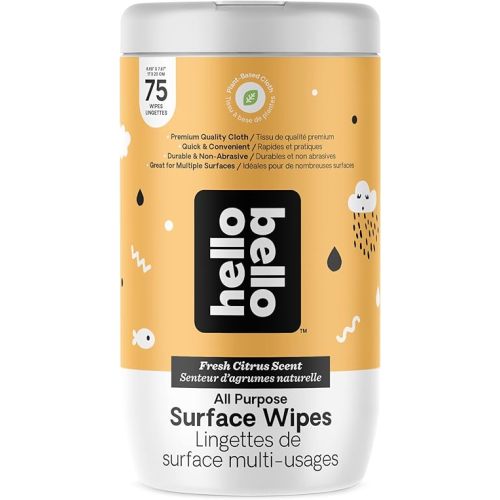 Hello Bello All Purpose Surface Wipes - Durable Plant Based Cloth - Vegan and Cruelty-Free - Fresh Citrus Scent - 75 Count