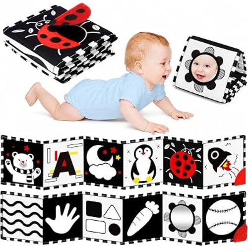 BBWOO High Contrast Baby Toys for Newborn, Tummy Time Mirror, Black and White Baby Toy for 0-6 Months, Soft Montessori Visual Stimulation Infant Book, Boy Girl Shower Gift