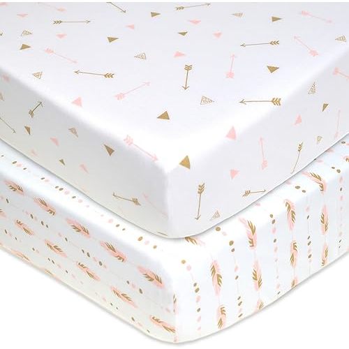 American Baby Company 2 Pack Fitted Crib Sheets 28" x 52", Soft Breathable Neutral 100% Cotton Jersey Sheet, Sparkle Gold/Pink Feathers/Arrows, for Boys and Girls, Fits Crib and Toddler Bed mattresses