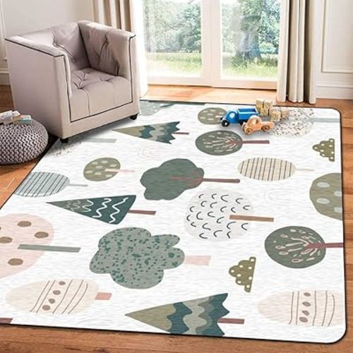 Soft Kids Play Area Rugs 3D Home Seamless Trendy Forest Texture Abstract Hand Drawn Tree Plush Rugs Non Slip Shaggy Carpets for Kids' Bedroom Classroom Playroom Nursery Décor