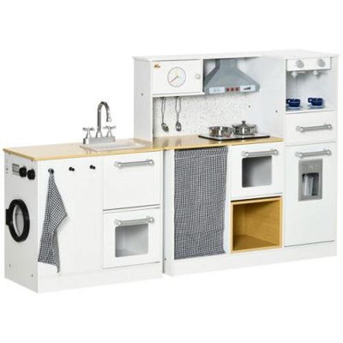 Qaba Play Kitchen, Corner Kids Kitchen Playset w/ Chalkboard, Range Hood, Ice Maker, Stove, Refrigerator Microwave, Sound & Lights