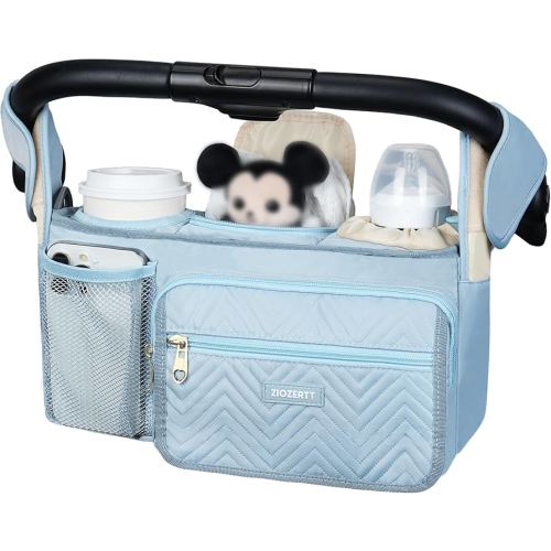 Universal Stroller Organizer with Insulated Cup Holder,Stroller Caddy Bag with Wet Wipes Pocket,Stroller Accessories Fits for Uppababy,Doona,Jogger,Britax,Mompush,BoB Strollers,Blue