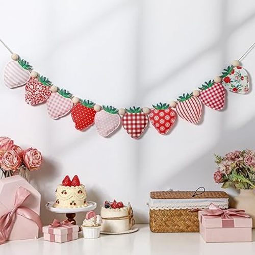 Strawberry Felt Banner Garland Decor Vintage 3D Strawberry Hanging Garland with Wooden Beads for Back to School Birthday Party Baby Shower DIY Home Wall Fireplace Decor(Bright)
