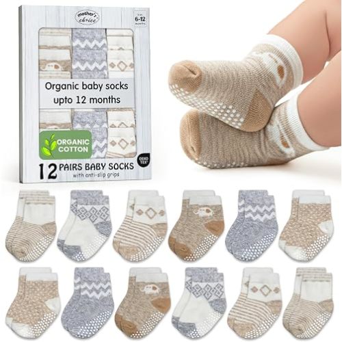 Mother's Choice Baby Boy Socks 6-12 Months 12 Pairs Organic Cotton Blend Infant Socks Stay-On for Crawling & First Steps OEKO-TEX Certified Baby Boy Shower Gift