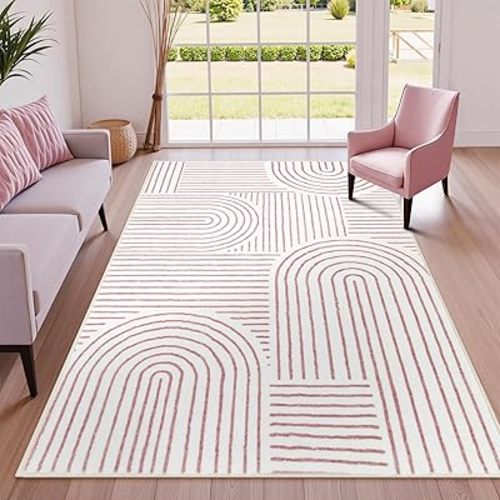 Lahome Abstract Washable Area Rugs 5x7, Soft Pink Rugs for Living Room Ultra-Thin Non-Shedding Bedroom Rug, Modern Throw Rug Large Carpet for Dining Room Office(5'x7',Pink/White)
