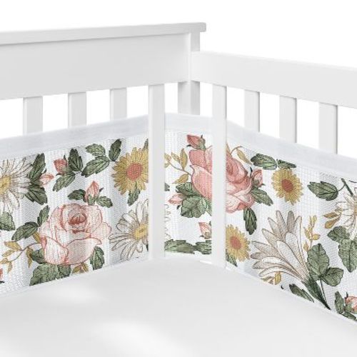Sweet Jojo Designs + BreathableBaby Breathable Mesh Crib Liner Girl Vintage Floral Pink Green and Yellow