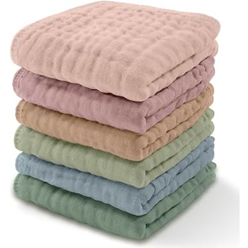 Comfy Cubs Muslin Baby Washcloths 6 Pack - Soft 6-Layer Cotton Wash Cloths for Sensitive Skin - 10"x10" Large, Gentle, Absorbent Infant Essentials for Newborn and Toddlers - Multicolor