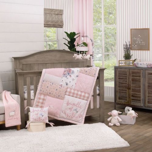 Nojo Farmhouse Chic Pink, Periwinkle, And White Floral, Stripes, Gingham, And Velvet 'bundle Of Sweetness' 4 Piece Nursery Crib Bedding Set
