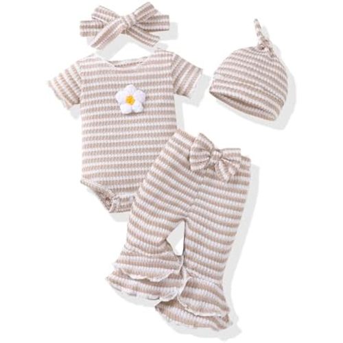 Renotemy Preemie Newborn Baby Girl Clothes Infant Short Sleeve Romper Summer Outfits Gifts for Girls Bell Bottoms Pants Set