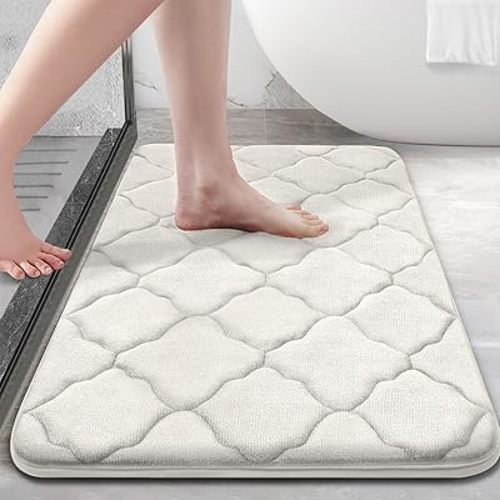 OLANLY Memory Foam Bath Mat Rug 30x20, Soft and Absorbent Bathroom Rugs, Non-Slip, Comfortable, Machine Washable Bath Carpet for Bathroom Floor, Tub, Shower and Home Decor Accessories, Cream