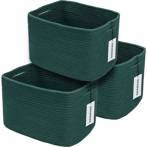 Cotton Rope storage Basket Bins Woven Basket for Organizing Shelves Rectangle Decorative Baskets For storage Clothes Toys Books Towels Square Wicker Nursery basket organizer 3 pack Dark green