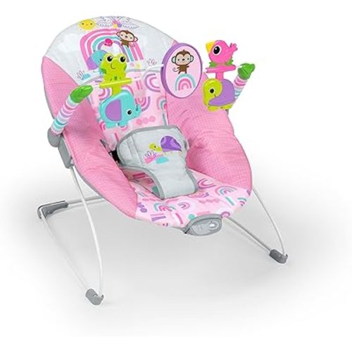 Bright Starts Pink Paradise Portable Baby Bouncer with Vibrating Infant Seat and -Toy Bar, Max Weight 20 lbs., Age 0-6 Months