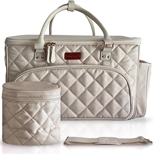 Diaper Bag Tote with Dividers, Zipper, Top Cover and Strap, Larger Size with insulated storage bag - Beige