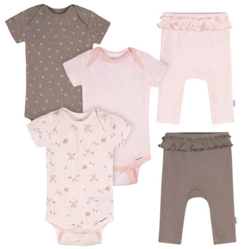 5-Piece Baby Girls Pink Garden Bodysuits & Pants Set
