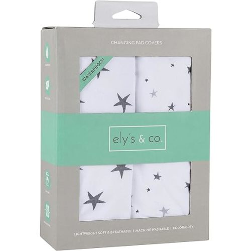Ely’s & Co. Patent Pending Waterproof Changing Pad Cover|Cradle Sheet 2-Pack Set for Baby Boy - 100% Cotton, Jersey Knit Cotton Sheets with Waterproof Lining — Grey Stars