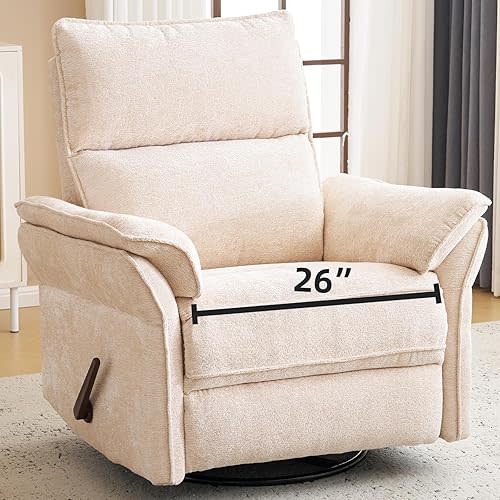 Oversized Recliner Chair, 26" Extra Wide 360° Swivel Rocker Recliner with Adjustable Headrest, Chenille Glider Rocking Nursery Chair with Overstuffed Armrest, Lumbar Support, Beige