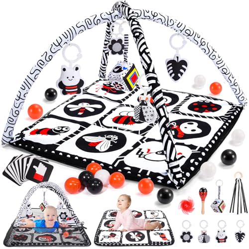 Baby Tummy Time Mat & 10 Sensory Toys, Baby Play Mat for Babies 0-6 6-12 Months & Visual Card, Baby Play Gym, Playmate for Baby, Baby Gym for Baby Shower Gifts, Newborn Baby Essentials Must Haves