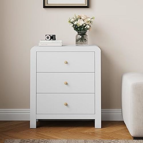 RoyalCraft 3 Drawer Dresser, Modern Chest of Drawers with Rounded Table Corners, Wooden Closet Dresser Nightstand Side Table with Ample Storage Space for Bedroom, Living Room, Entryway, White