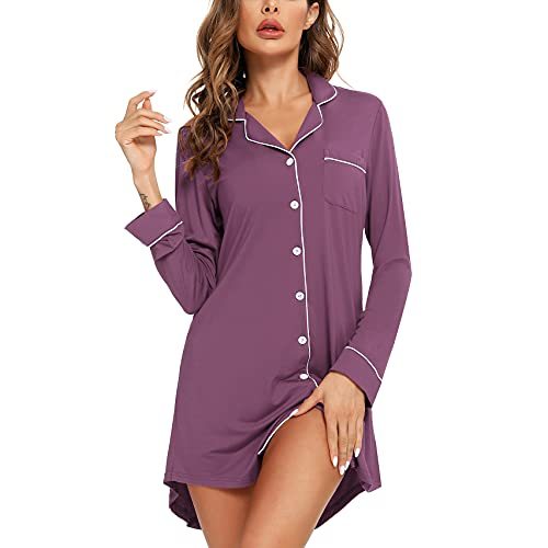 Samring Pajama Nightgown for Women Short/Long Sleeve Button Down Nightwear Top Boyfriend Sleep Shirts Nightdress S-XXL