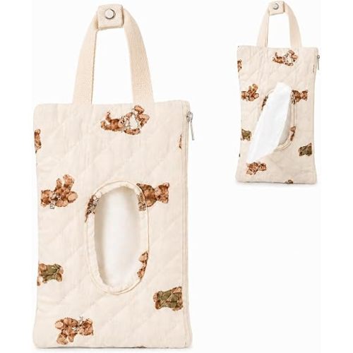 Quilted Baby Wipe Holder Floral Diaper Pouch Portable Quilted Wipes Bag for Car, Stroller (Cartoon Bear)