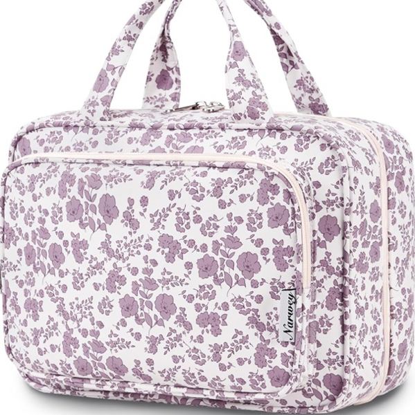 Narwey Travel Toiletry Bag for Women Large Hanging Makeup Bag Organizer Toiletries Bag for Full Size Essentials Accessories Cosmetics (Dusty Pink Flower (Large))