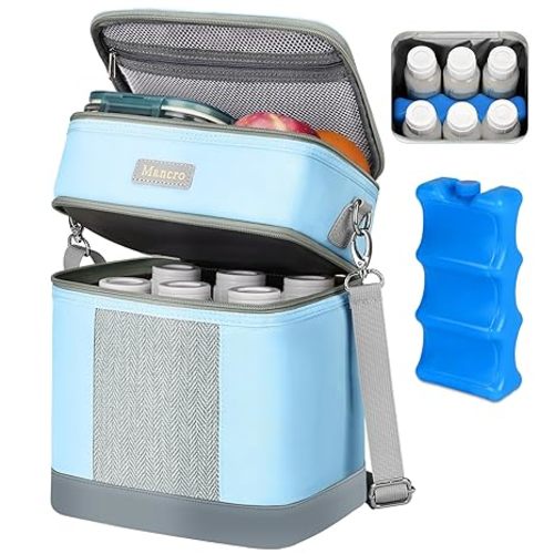 Mancro Breastmilk Cooler Bag with Ice Pack, Double Layer Breast Milk Cooler Bag Fits 6 Bottles Up to 9 Ounces, Waterproof Bottle Storage Bag for Nursing Mom Daycare, Blue