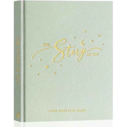 Lanpn Baby Memory Book - Linen Baby Book Memories Keepsake - The Story of You - Newborn Baby First 5 Year Journal Scrapbook Photo Book Milestone Album for Boy Girl New Parents (Green, 154 Pages)