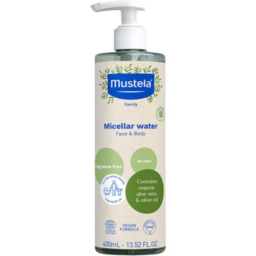 Mustela Certified Organic Micellar Cleansing Water -No-Rinse Natural Water Cleanser w/ Olive Oil & Aloe Vera - For Baby, Kid & Adult - Fragrance Free, EWG Verified & Vegan -13.5 oz-Packaging may vary