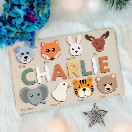 Custom Handmade Name Puzzle with Animals, Personalized Birthday Gift for Kids, Christmas Gifts for Toddlers, Unique New Baby Gift, Baby Toy