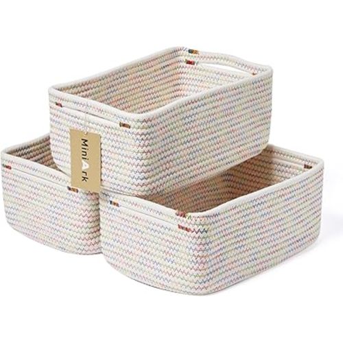 Shelf Storage Baskets for Organizing | Closet Organizer Bins | Small Baskets | Toy Basket | Cute Decorative Basket | Cube Storage Bin | Woven Rope Basket | 13×8.5×5.1” | 3 Packs Rainbow