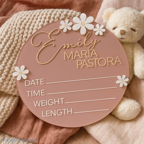 Personalized Birth Flower Birth Announcement Sign, Acrylic Flower Baby Name Sign, Colored Acrylic Milestone Cards, Daisy Baby Name Stats
