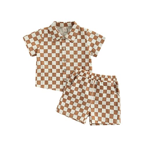 Toddler Baby Boy Short Sleeve Button Down Lapel Shirt Tops Casual Shorts Checkboard Print Summer Outfit Set