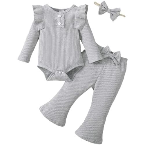 Infant Baby Girls Outfit Cute Ruffle Sleeve Ribbed Knit Romper Bodysuit and Flare Pants Clothes Set 3 Piece