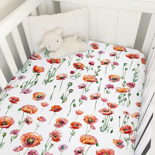 Watercolor Poppy Floral Baby Crib Sheets 52''x28'' Red Poppy Flowers Snug Fitted Crib Mattress Cover for Boy Girl Wild Floral Soft Baby Nursery Bed Sheets for Standard Crib and Toddler Mattresses
