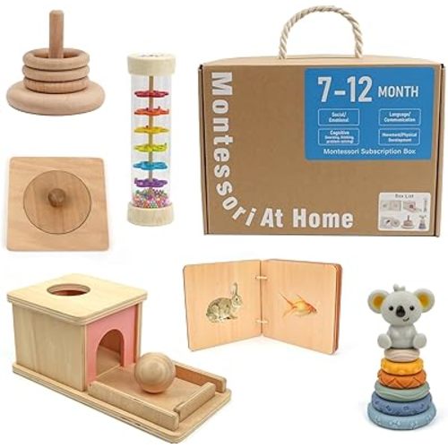 Montessori Toys for Babies 7-12 Months, Learning Educational Set Toys (Includes Wooden Book,Object Permanence Box,Puzzle, Ocean Rain Stick,Stacked Circle with Koala,Wooden Stacker)