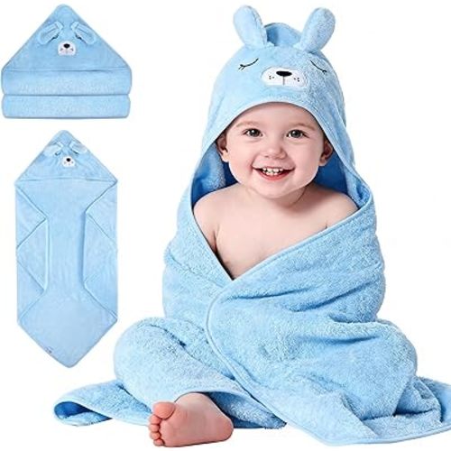 Ababy Baby Hooded Bath Towel for Baby Boys & Girls, Soft Coral Fleece Hooded Newborn Towel & Swaddle Blanket, Infant Bath Robe Wrap for Toddlers, 31x31 - Light Blue Dog