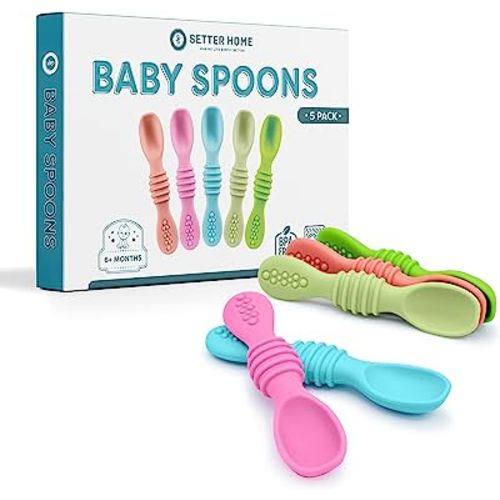 SAMiGO Silicone Baby Spoons Self Feeding 6+ Months - Infant Toddler  Utensils - First Stage Baby Led Weaning Feeding Supplies - Set of 3 Pack